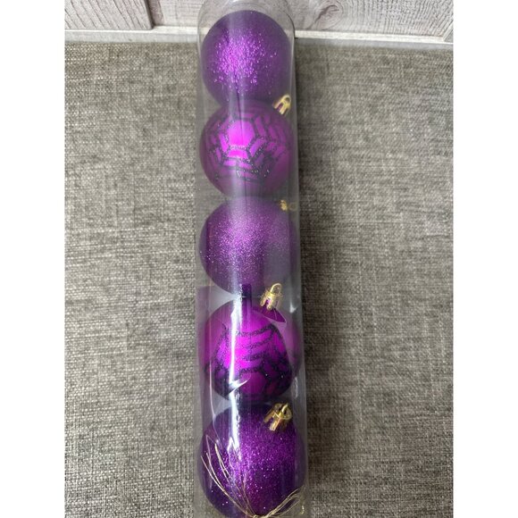 6 pk Halloween Ball Ornaments 2.66" Purple & Orange Glitter & Spiders Set of 2 - Picture 2 of 3